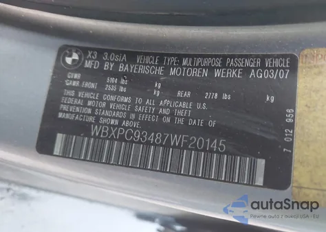 2007 BMW X3 3.0Si из США, поврежденный, VIN WBXPC93487WF20145